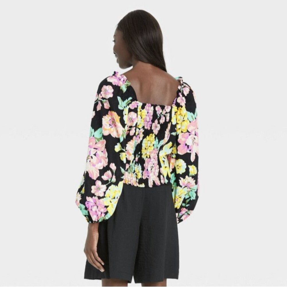 Who What Wear Floral Black Long Sleeve Linen Square Neck Top Size Large NWT! - Picture 4 of 7